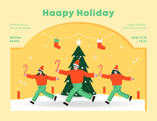 Merry Christmas and Happy New Year! Christmas people and landscape illustrations. Decoration and Tree. frame, poster, vector illustration.
