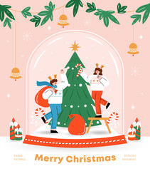 Merry Christmas and Happy New Year! Christmas people and landscape illustrations. Decoration and Tree. frame, poster, vector illustration.
