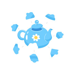 Find the shard from the blue teapot. A game for preschool children and toddlers. Vector illustration in a flat style.