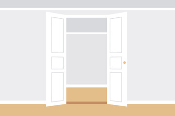 Emty room with light wall, doors and wooden floor. Doorway into another room. Modern interior illustration. Vector.
