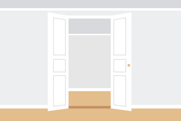 Emty room with light walls, doors and wooden floor. Doorway into another room. Modern interior illustration.