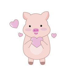 Plakat cute pig cartoon isolated on white background Vector illustration, cute pig holding heart.