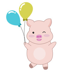 cute pig cartoon isolated on white background Vector illustration, cute pig holding balloons 
