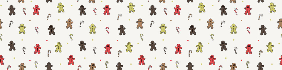 Christmas wrapping paper with gingerbread cookies and candies. Seamless pattern. Banner. Vector