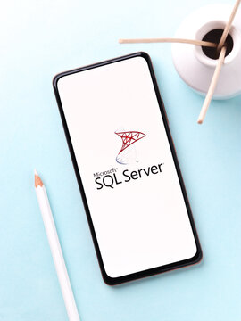 West Bangal, India - November 11, 2021 : Microsoft SQL Server logo on phone screen stock image.