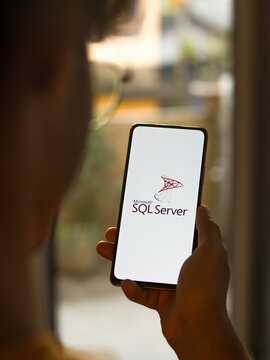 West Bangal, India - November 11, 2021 : Microsoft SQL Server logo on phone screen stock image.