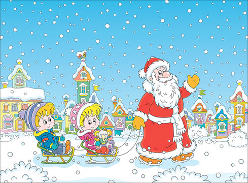 Santa Claus friendly smiling, waving his hand in greeting and sledding happy little kids down a snow-covered street of a pretty small town on a snowy winter day, vector cartoon illustration