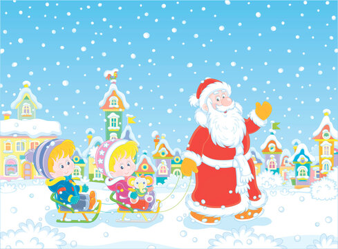 Santa Claus friendly smiling, waving his hand in greeting and sledding happy little kids down a snow-covered street of a pretty small town on a snowy winter day, vector cartoon illustration