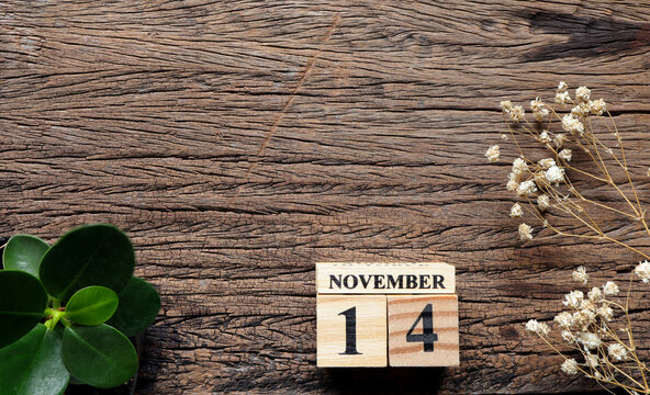 November 14th, Cube wooden calendar showing date on 14 November, Wooden calendar with date and dry flowers on wooden table.