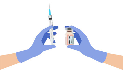 A gloved hand holding a syringe and an ampoule. Injection. Medical vaccination. Vaccination shot. Vaccination against coronavirus or influenza.