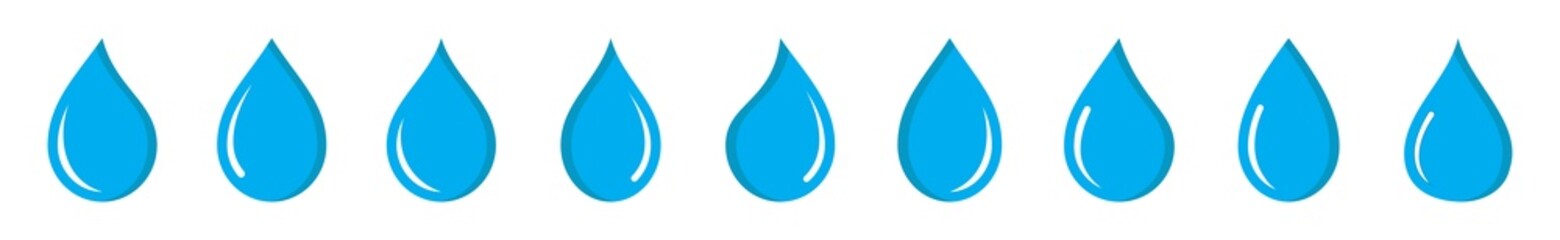 Water drop icon different shape. Collection of blue water droplets with different shapes. Water rain drops. Water drops collection set.