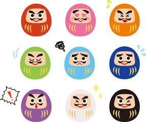 イラスト年賀素材：カラフルで表情豊かなワンポイントに使いやすいダルマさんたち　9色セット
