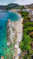 Panoramic aerial view of Capri Port Beach in Capri from drone.