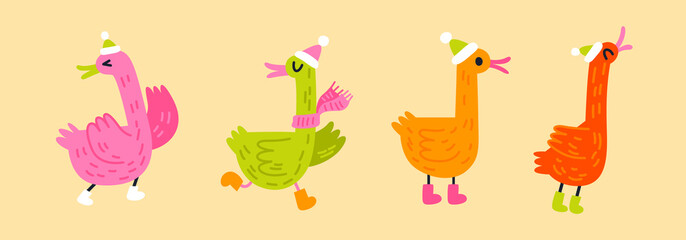 Set of winter geese. Vector illustration with birds in hats and felt boots. Characters for postcards, patterns, stickers