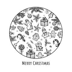 Merry Christmas. christmas set vector sketch. new year set in circle. snowman waving hand. vector, drawing, sketch. eps