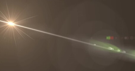 Animation of white light with beam and curved prismatic lens flare on grey background - Powered by Adobe