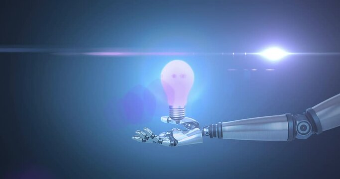 Animation of illuminated light bulb over hand of robot arm, with moving light on dark background