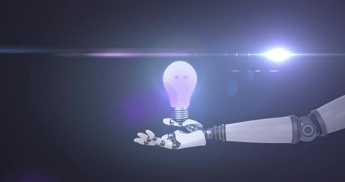 Animation of illuminated light bulb over hand of robot arm, with moving light on dark background