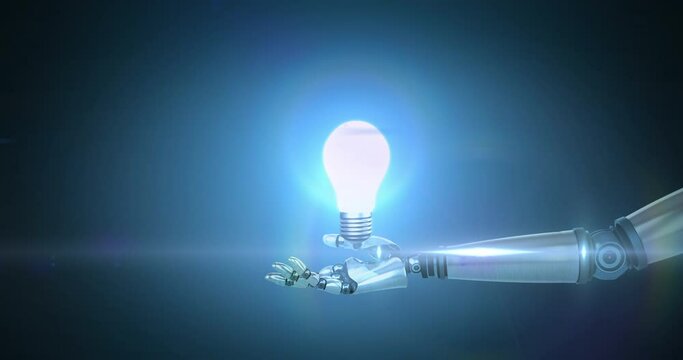 Animation of illuminated light bulb over hand of robot arm, with moving light on blue background