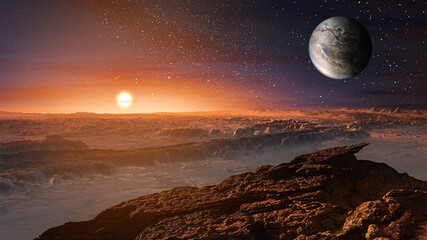 Landscape on planet Mars, scenic desert and rock on the red planet.The sun rises over the horizon.Sunrise.Alien landscape.Elements of this Image Furnished by NASA. - obrazy, fototapety, plakaty