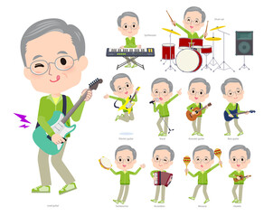 ロックンロールやポップミュージックを演奏する緑ジャージ高齢男性のセット