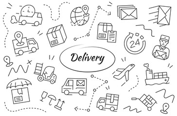 Shipping and delivery set. Vector linear objects and elements collection.