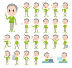 様々な感情表現をする緑ジャージ高齢男性のセット