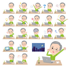 デスクワークに関する緑ジャージ高齢男性のセット