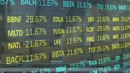 Animation of financial data processing over cardboard boxes on conveyor belts in background - Powered by Adobe