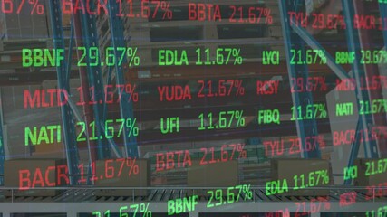 Animation of financial data processing over cardboard boxes on conveyor belt in background - Powered by Adobe