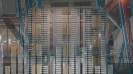 Animation of statistics over cardboard boxes on conveyor belts in background - Powered by Adobe