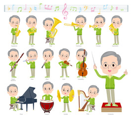 クラシック音楽演奏に関する緑ジャージ高齢男性のセット