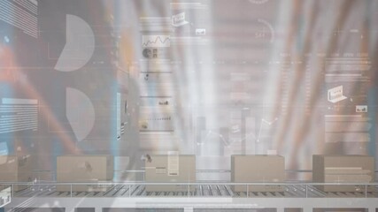 Animation of statistics processing over cardboard boxes on conveyor belt in background - Powered by Adobe