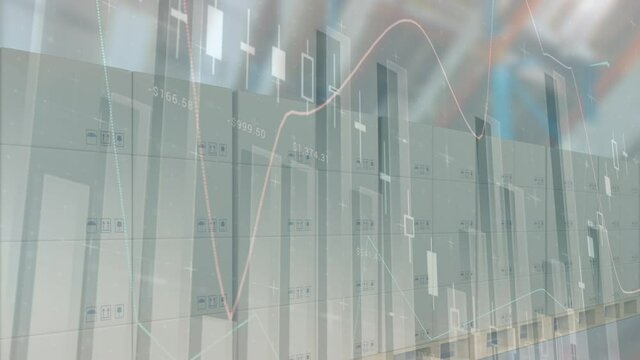 Animation of statistics processing over stack of cardboard boxes in background
