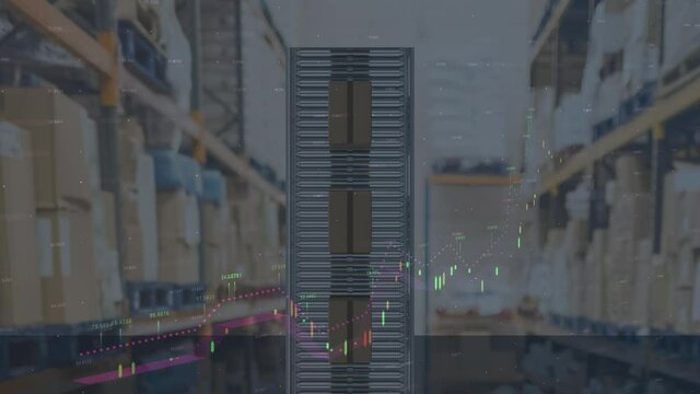 Animation of statistics processing over cardboard boxes on conveyor belt in background