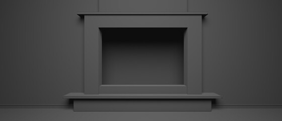 Fireplace empty on black wall, dark grey floor, interior room modern design, 3d illustration