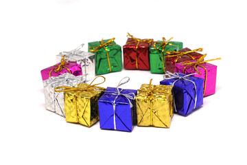 Many presents gift box arrange round circle patterns - Xmas or Christmas  concept isolated white background and copy space  