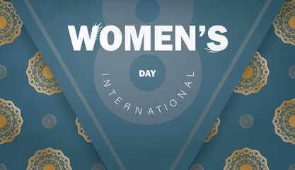 Brochure international womens day in blue with luxury gold ornaments