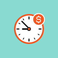 red and white clock with dollar sign. Flat icon isolated on powder blue.