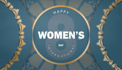 Brochure template 8 march international womens day blue color with vintage gold pattern