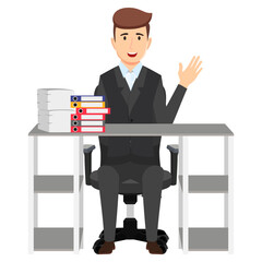 Businessman freelancer sitting on cute beautiful modern desk with office shape table  and chair with some paper pile file folders and waving