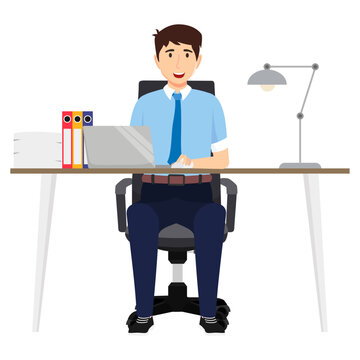 Businessman freelancer sitting on cute beautiful modern desk with office shape table  and chair pc laptop computer table lamp with some paper pile file folders