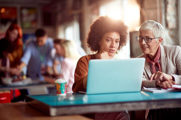 Young beautiful woman in the office is getting help about a work on the laptop from her elderly female colleague