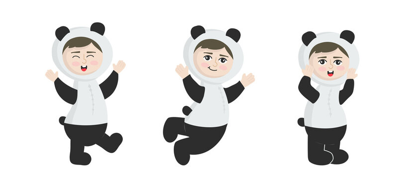Vector illustration isolated on white background  child in animal carnival costume. Cute cartoon baby in a panda costume in different poses.