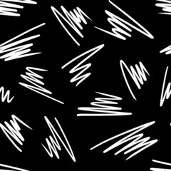 Seamless pattern with random chaotic zigzag white lines on a black background. Abstract monochrome illustration. For printing on fabric, packaging design.