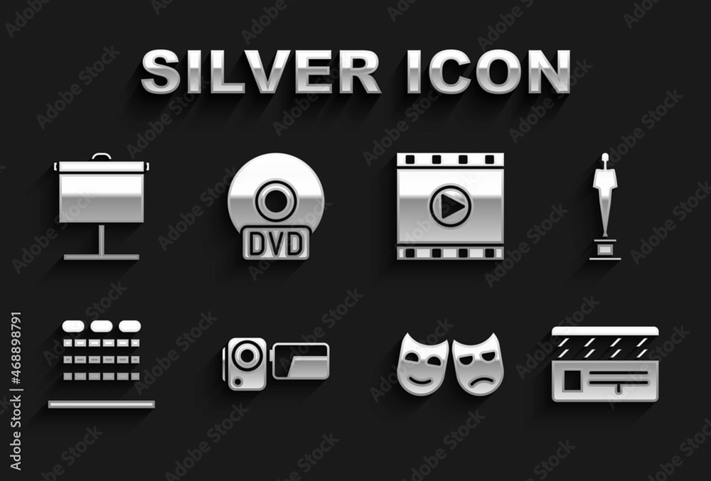 Sticker Set Cinema camera, Movie trophy, clapper, Comedy and tragedy masks, auditorium with seats, Play Video, Projection screen and CD DVD disk icon. Vector