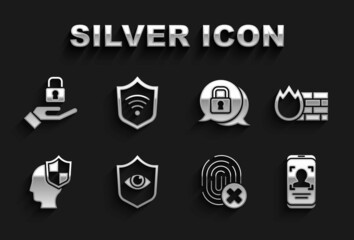 Set Shield and eye, Firewall, security wall, Mobile face recognition, Cancelled fingerprint, Head with shield, Cyber, Lock hand and WiFi wireless icon. Vector