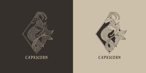 Outline zodiac sign Capricorn. Astrological symbol. Horoscope. Set of two variants of logos on a dark and light background