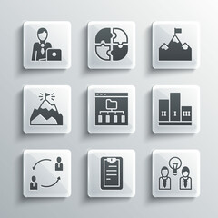 Set Clipboard with checklist, People lamp bulb, Award over winner podium, Browser files, Human resources, Mountains flag, Businessman and icon. Vector