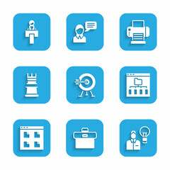 Set Target with arrow, Briefcase, Human lamp bulb, Browser files, Business strategy, Printer and Stage stand or tribune icon. Vector